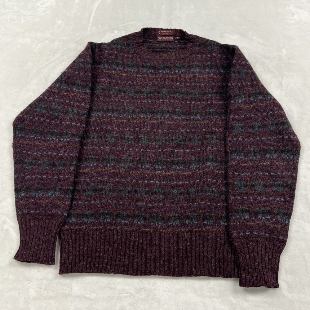 Chaps ralph lauren Sweater Mens M Burgundy Fair Isle Wool Blend Knit Crewneck